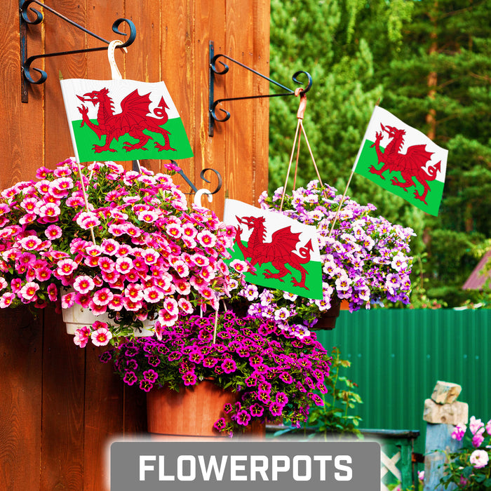 G128 10 Pack Handheld Wales Welsh Stick Flags | 8x12 In | Printed 150D Polyester, Country Flag, Solid Plastic Stick, Spear White Tip