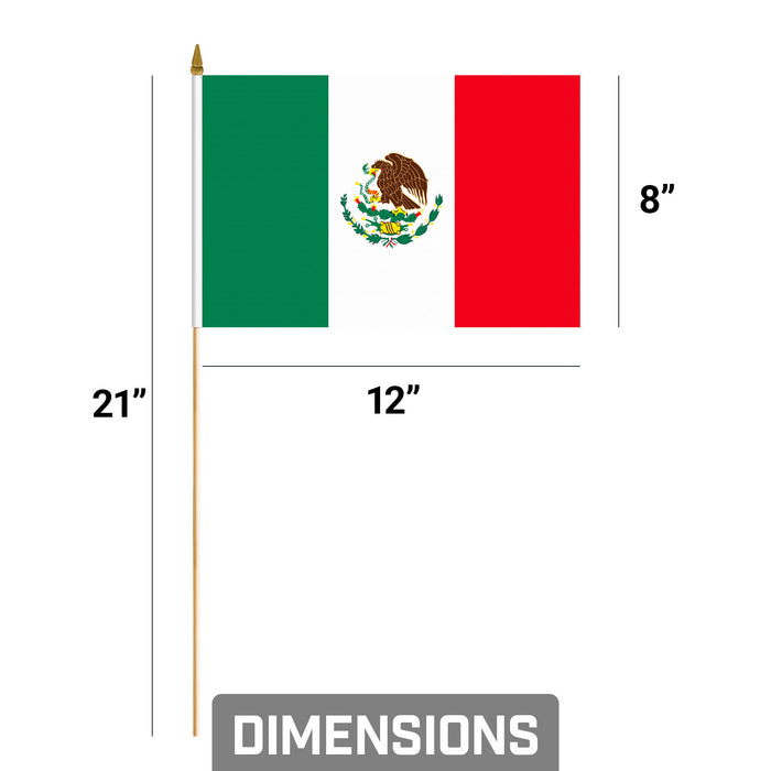 G128 12 Pack Handheld Mexico Mexican Stick Flags | 8x12 In | Printed 150D Polyester, Country Flag, Solid Wooden Stick, Spear Gold Tip