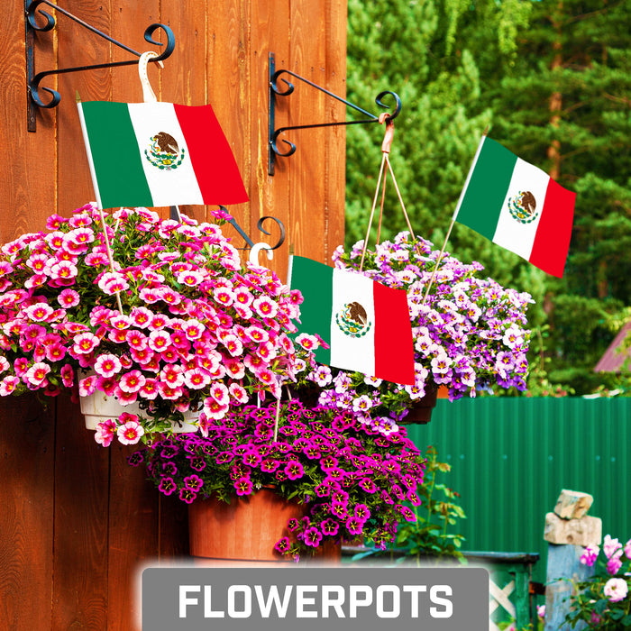 G128 30 Pack Handheld Mexico Mexican Stick Flags | 8x12 In | Printed 150D Polyester, Country Flag, Solid Wooden Stick, Spear Gold Tip