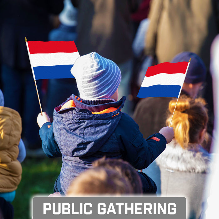 G128 30 Pack Handheld Netherlands Dutch Stick Flags | 8x12 In | Printed 150D Polyester, Country Flag, Solid Wooden Stick, Spear Gold Tip