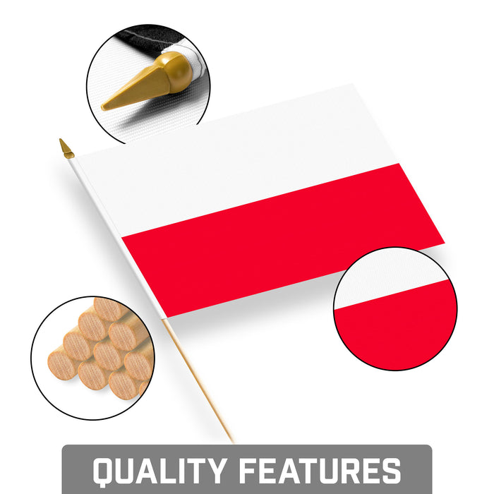 G128 24 Pack Handheld Poland Polish Stick Flags | 8x12 In | Printed 150D Polyester, Country Flag, Solid Wooden Stick, Spear Gold Tip