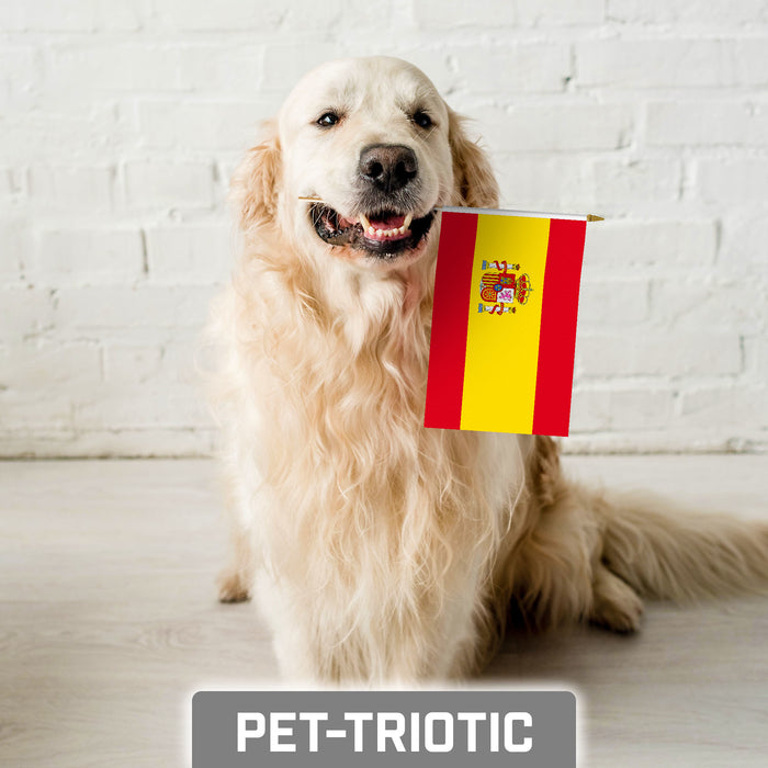 G128 10 Pack Handheld Spain Spanish Stick Flags | 8x12 In | Printed 150D Polyester, Country Flag, Solid Plastic Stick, Spear White Tip