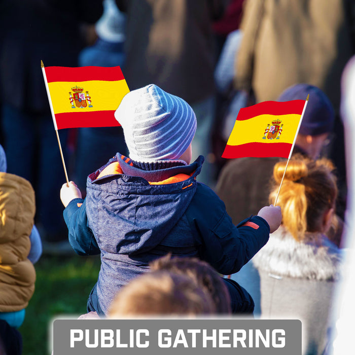 G128 10 Pack Handheld Spain Spanish Stick Flags | 8x12 In | Printed 150D Polyester, Country Flag, Solid Plastic Stick, Spear White Tip