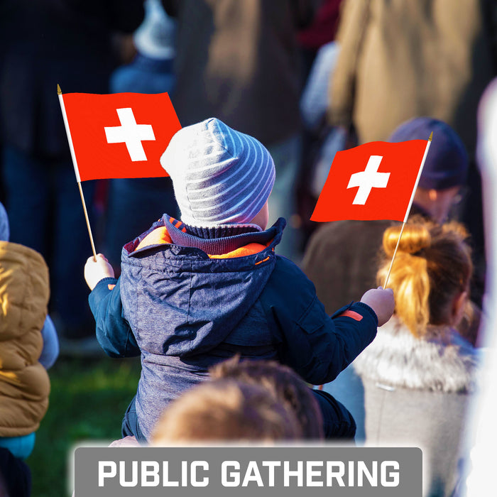G128 10 Pack Handheld Switzerland Swiss Stick Flags | 8x12 In | Printed 150D Polyester, Country Flag, Solid Plastic Stick, Spear White Tip