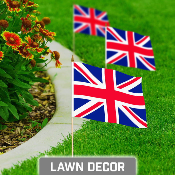 G128 12 Pack Handheld United Kingdom UK Stick Flags | 8x12 In | Printed 150D Polyester, Country Flag, Solid Wooden Stick, Spear Gold Tip