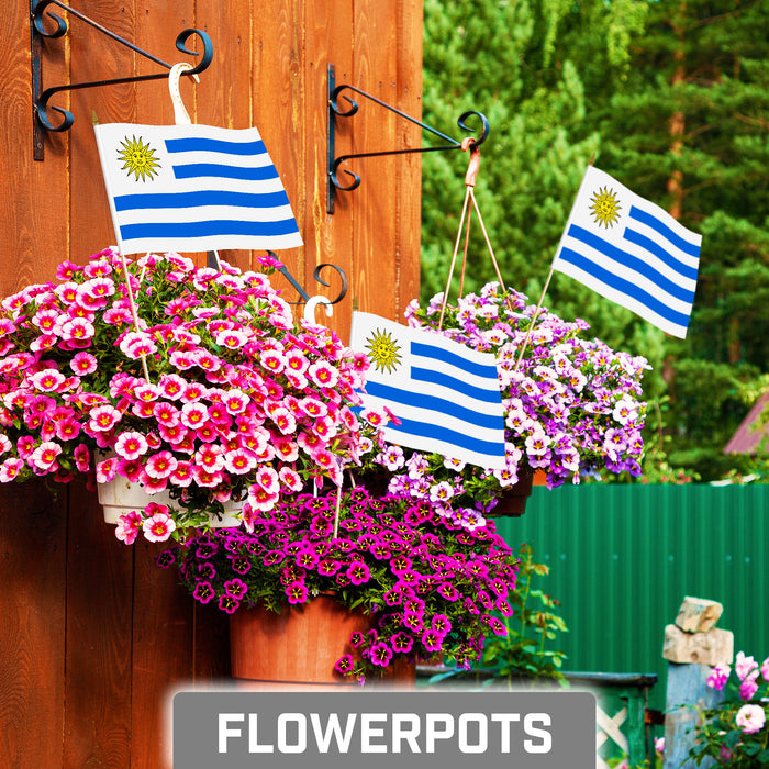 G128 10 Pack Handheld Uruguay Stick Flags | 8x12 In | Printed 150D Polyester, Country Flag, Solid Plastic Stick, Spear White Tip