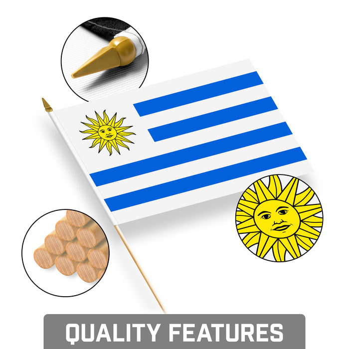 G128 12 Pack Handheld Uruguay Uruguayan Stick Flags | 8x12 In | Printed 150D Polyester, Country Flag, Solid Wooden Stick, Spear Gold Tip