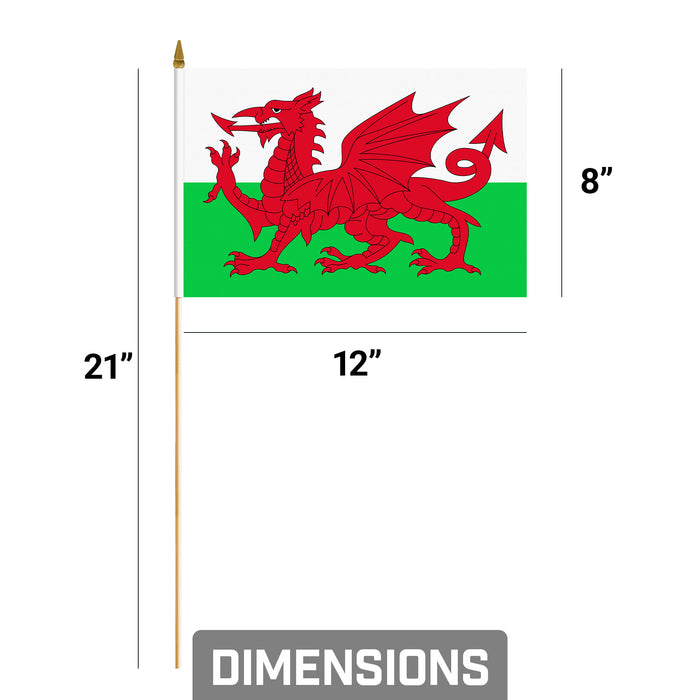 G128 10 Pack Handheld Wales Welsh Stick Flags | 8x12 In | Printed 150D Polyester, Country Flag, Solid Plastic Stick, Spear White Tip
