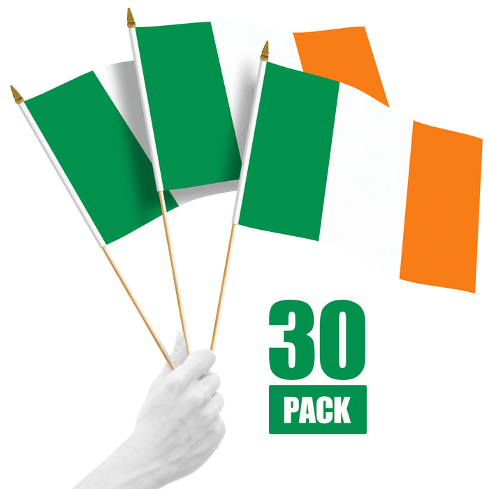 G128 30 Pack Handheld Ireland Irish Stick Flags | 12x18 In | Printed 150D Polyester, Country Flag, Solid Wooden Stick, Spear Gold Tip