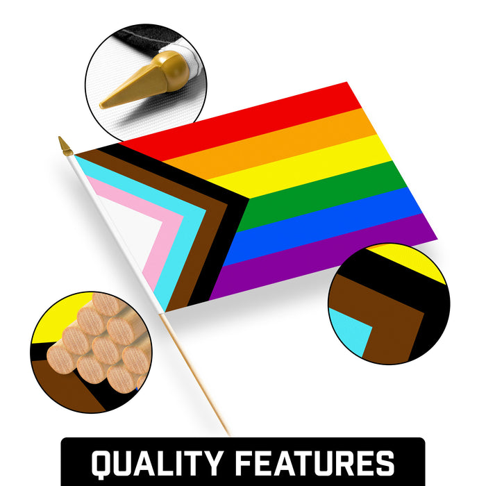 G128 12 Pack Handheld LGBT Progress Rainbow Pride Stick Flags | 12x18 In | Printed 150D Polyester, Country Flag, Solid Wooden Stick, Spear Gold Tip