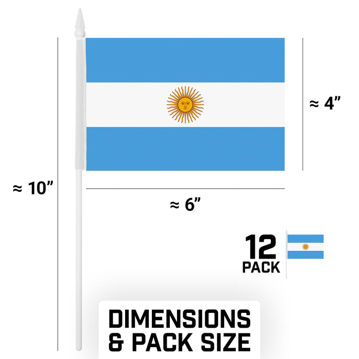 G128 10 Pack Handheld Argentina Argentinian Stick Flags | 4x6 In | Printed 150D Polyester, Country Flag, Solid Plastic Stick, Spear White Tip