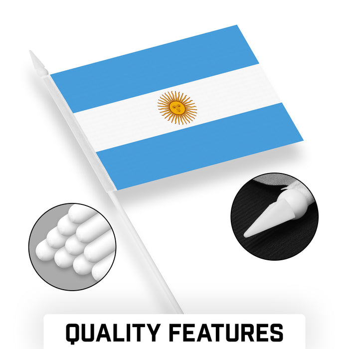 G128 50 Pack Handheld Argentina Argentinian Stick Flags | 4x6 In | Printed 150D Polyester, Country Flag, Solid Plastic Stick, Spear White Tip