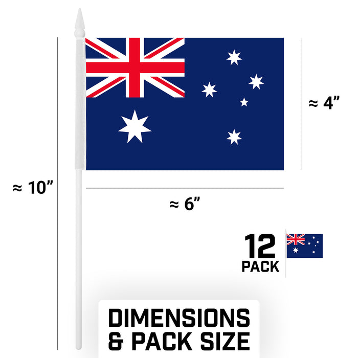 G128 10 Pack Handheld Australia Australian Stick Flags | 4x6 In | Printed 150D Polyester, Country Flag, Solid Plastic Stick, Spear White Tip