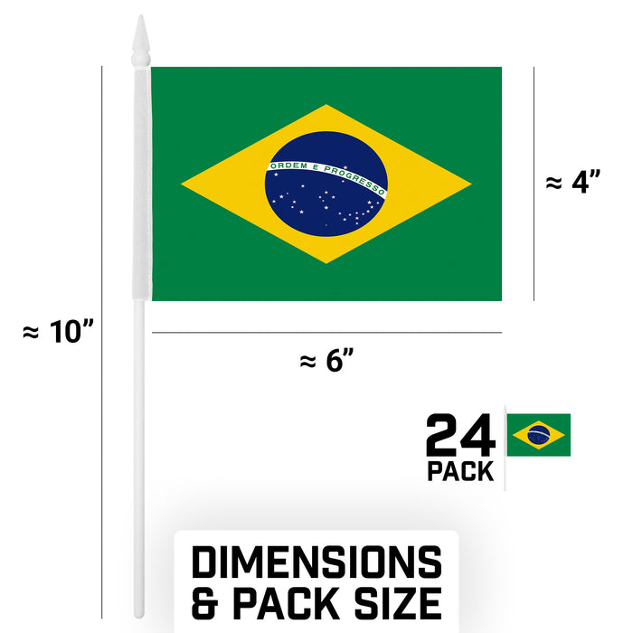G128 24 Pack Handheld Brazil Brazilian Stick Flags | 4x6 In | Printed 150D Polyester, Country Flag, Solid Plastic Stick, Spear White Tip
