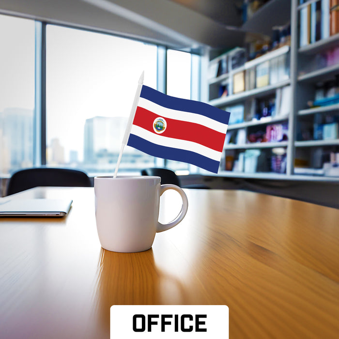 G128 10 Pack Handheld Costa Rica Costa Rican Stick Flags | 4x6 In | Printed 150D Polyester, Country Flag, Solid Plastic Stick, Spear White Tip