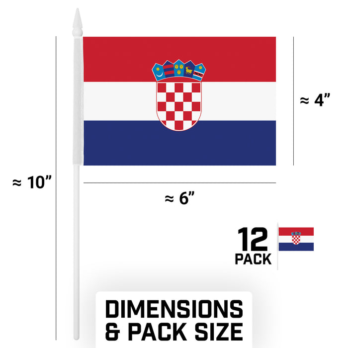 G128 10 Pack Handheld Croatia Croatian Stick Flags | 4x6 In | Printed 150D Polyester, Country Flag, Solid Plastic Stick, Spear White Tip