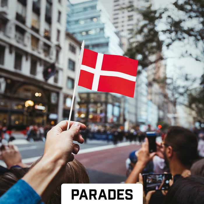G128 10 Pack Handheld Denmark Stick Flags | 4x6 In | Printed 150D Polyester, Country Flag, Solid Plastic Stick, Spear White Tip