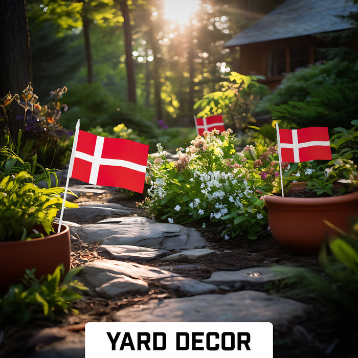 G128 10 Pack Handheld Denmark Stick Flags | 4x6 In | Printed 150D Polyester, Country Flag, Solid Plastic Stick, Spear White Tip