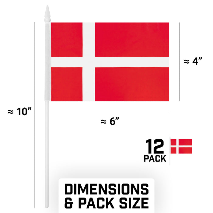 G128 10 Pack Handheld Denmark Stick Flags | 4x6 In | Printed 150D Polyester, Country Flag, Solid Plastic Stick, Spear White Tip
