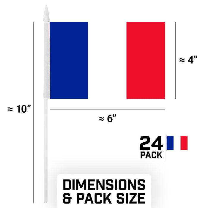 G128 24 Pack Handheld France French Stick Flags | 4x6 In | Printed 150D Polyester, Country Flag, Solid Plastic Stick, Spear White Tip