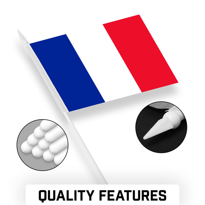 G128 30 Pack Handheld France French Stick Flags | 4x6 In | Printed 150D Polyester, Country Flag, Solid Plastic Stick, Spear White Tip