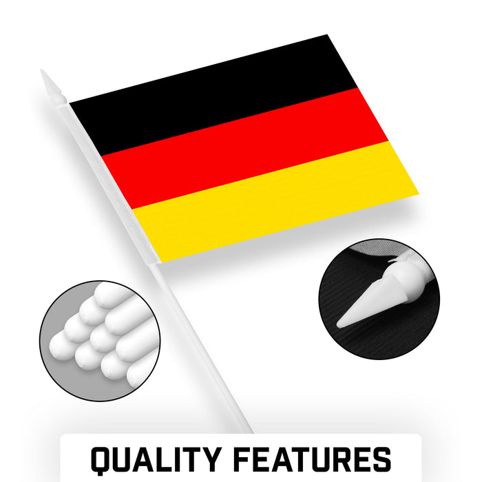 G128 10 Pack Handheld Germany German Stick Flags | 4x6 In | Printed 150D Polyester, Country Flag, Solid Plastic Stick, Spear White Tip