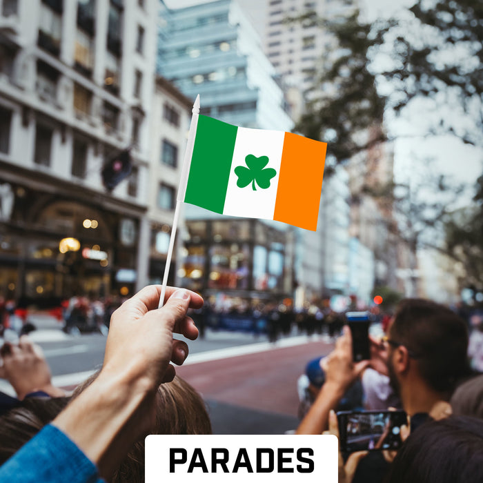 G128 24 Pack Handheld Ireland Shamrock Irish Stick Flags | 4x6 In | Printed 150D Polyester, Country Flag, Solid Plastic Stick, Spear White Tip