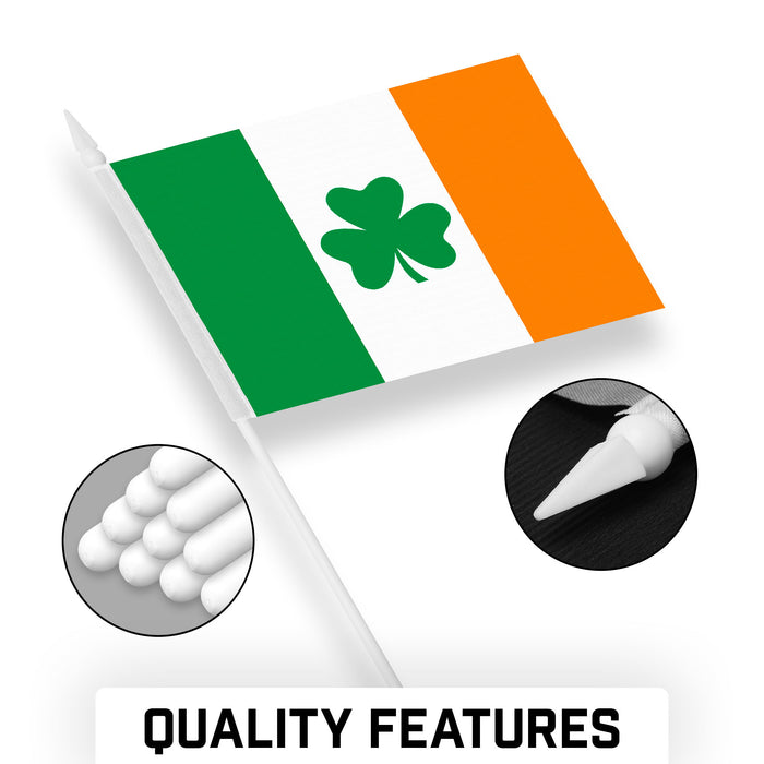 G128 24 Pack Handheld Ireland Shamrock Irish Stick Flags | 4x6 In | Printed 150D Polyester, Country Flag, Solid Plastic Stick, Spear White Tip