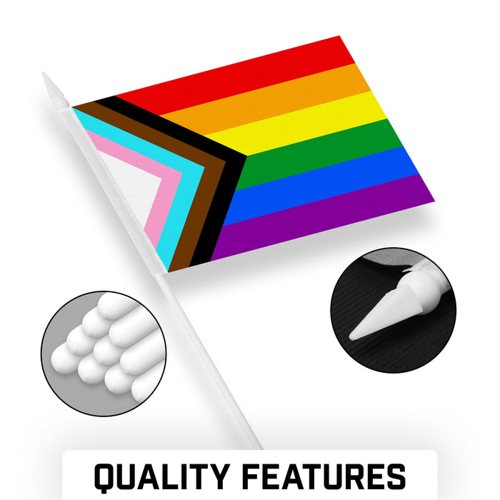 G128 50 Pack Handheld LGBT Progress Rainbow Pride Stick Flags | 4x6 In | Printed 150D Polyester, Social Flag, Solid Plastic Stick, Spear White Tip