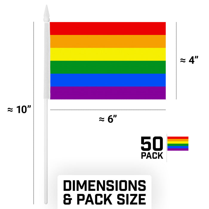 G128 50 Pack Handheld LGBT Rainbow Pride Stick Flags | 4x6 In | Printed 150D Polyester, Social Flag, Solid Plastic Stick, Spear White Tip
