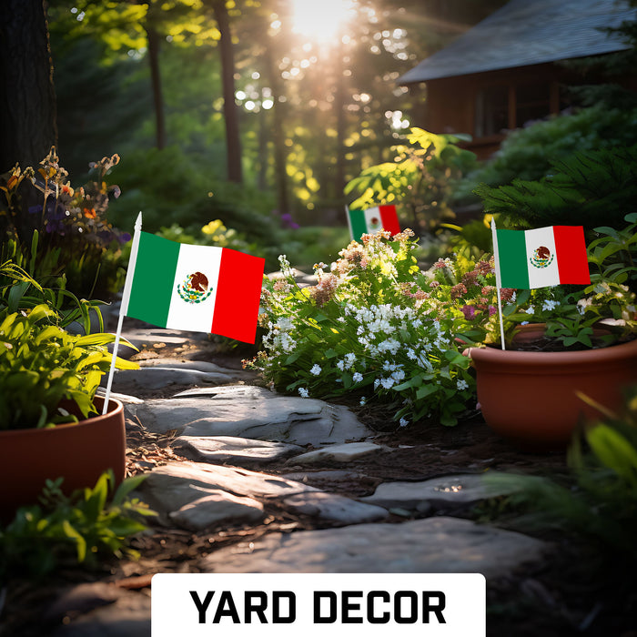 G128 30 Pack Handheld Mexico Mexican Stick Flags | 4x6 In | Printed 150D Polyester, Country Flag, Solid Plastic Stick, Spear White Tip