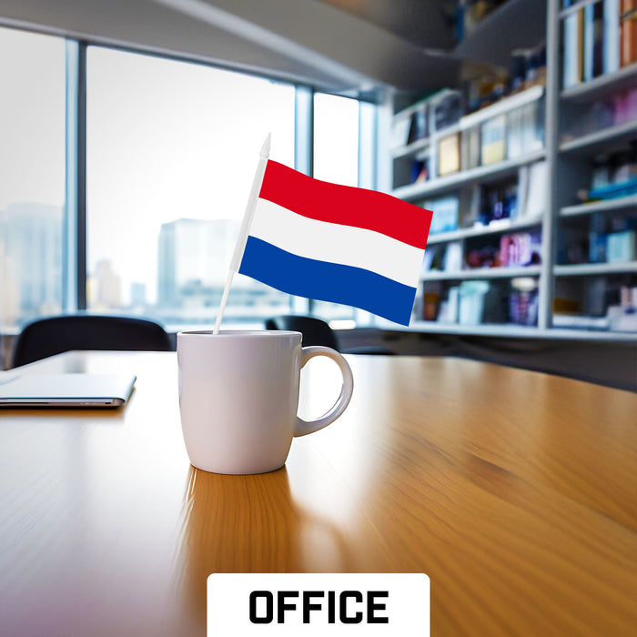 G128 30 Pack Handheld Netherlands Dutch Stick Flags | 4x6 In | Printed 150D Polyester, Country Flag, Solid Plastic Stick, Spear White Tip