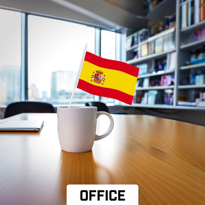 G128 12 Pack Handheld Spain Spanish Stick Flags | 4x6 In | Printed 150D Polyester, Country Flag, Solid Plastic Stick, Spear White Tip