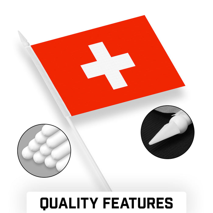 G128 10 Pack Handheld Switzerland Swiss Stick Flags | 4x6 In | Printed 150D Polyester, Country Flag, Solid Plastic Stick, Spear White Tip