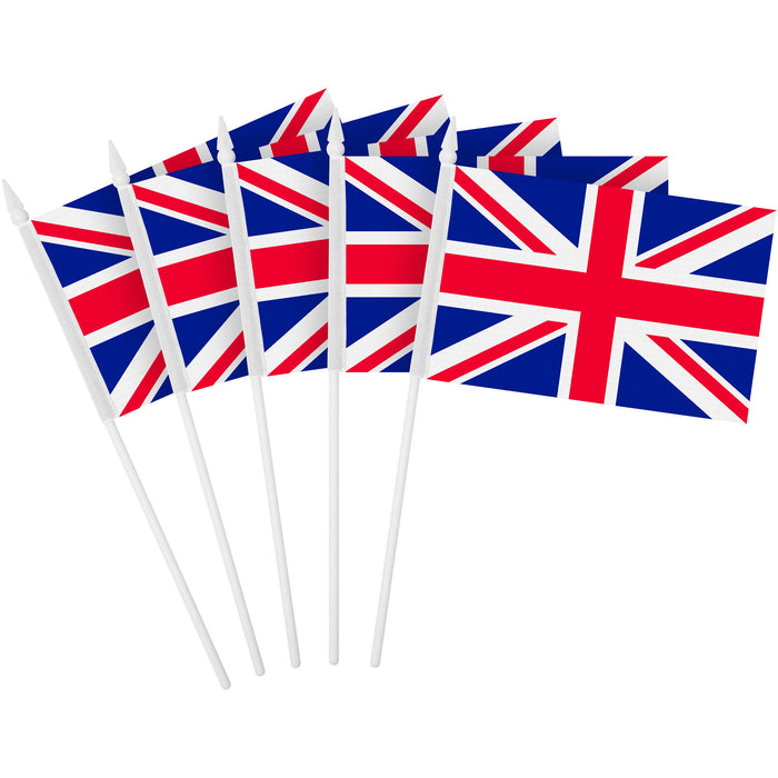 G128 24 Pack Handheld United Kingdom UK Stick Flags | 4x6 In | Printed 150D Polyester, Country Flag, Solid Plastic Stick, Spear White Tip