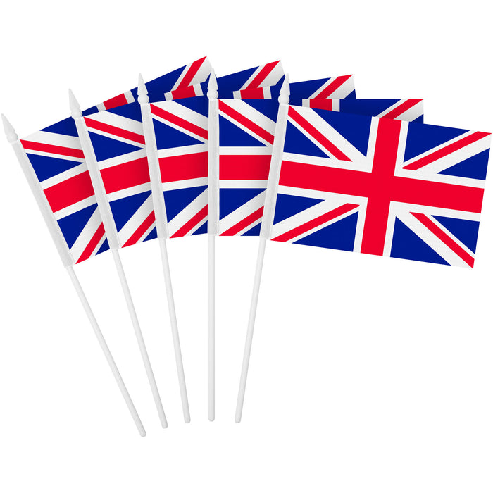 G128 30 Pack Handheld United Kingdom UK Stick Flags | 4x6 In | Printed 150D Polyester, Country Flag, Solid Plastic Stick, Spear White Tip