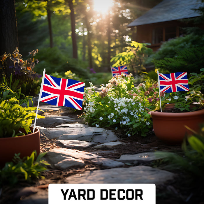 G128 10 Pack Handheld United Kingdom UK Stick Flags | 4x6 In | Printed 150D Polyester, Country Flag, Solid Plastic Stick, Spear White Tip