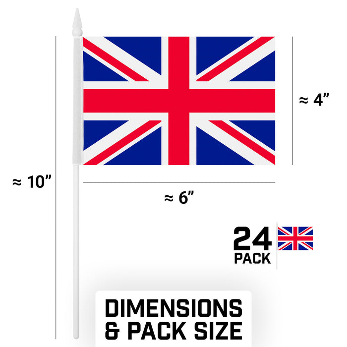 G128 24 Pack Handheld United Kingdom UK Stick Flags | 4x6 In | Printed 150D Polyester, Country Flag, Solid Plastic Stick, Spear White Tip