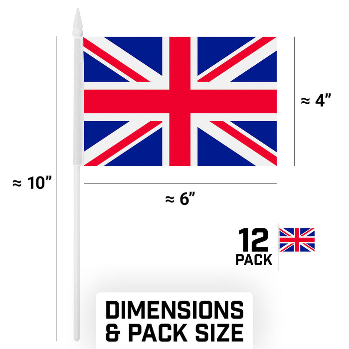 G128 10 Pack Handheld United Kingdom UK Stick Flags | 4x6 In | Printed 150D Polyester, Country Flag, Solid Plastic Stick, Spear White Tip