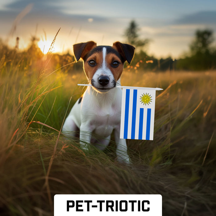 G128 10 Pack Handheld Uruguay Stick Flags | 4x6 In | Printed 150D Polyester, Country Flag, Solid Plastic Stick, Spear White Tip