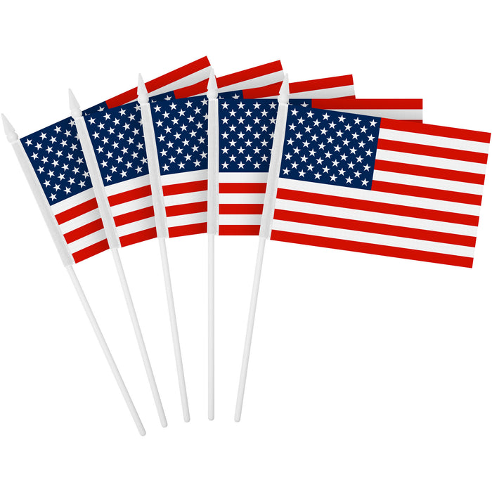 G128 24 Pack Handheld American USA Stick Flags | 4x6 In | Printed 150D Polyester, Counrty Flag, Solid Plastic Stick, Spear White Tip, Great for Patriotic Decorations