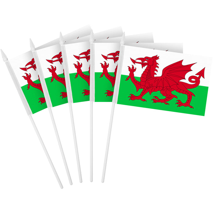 G128 50 Pack Handheld Wales Welsh Stick Flags | 4x6 In | Printed 150D Polyester, Country Flag, Solid Plastic Stick, Spear White Tip