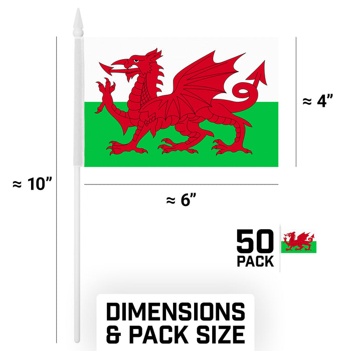 G128 50 Pack Handheld Wales Welsh Stick Flags | 4x6 In | Printed 150D Polyester, Country Flag, Solid Plastic Stick, Spear White Tip