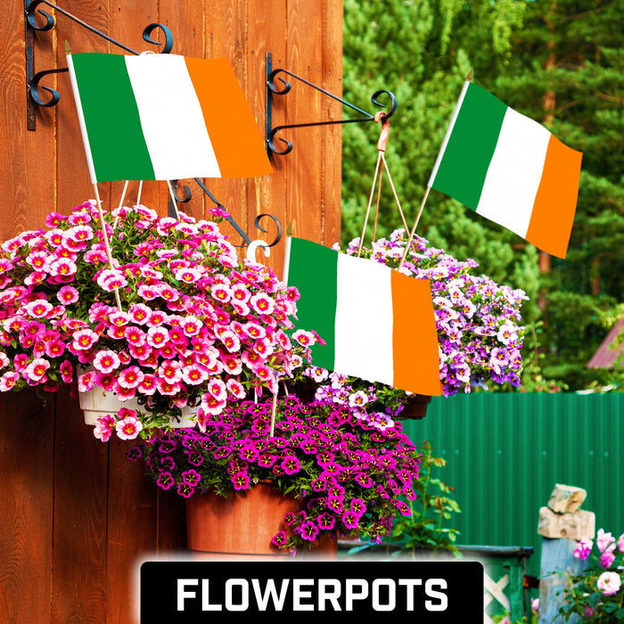G128 10 Pack Handheld Ireland Irish Stick Flags | 12x18 In | Printed 150D Polyester, Country Flag, Solid Plastic Stick, Spear White Tip