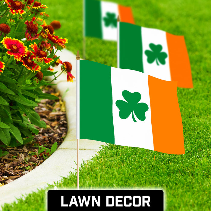 G128 10 Pack Handheld Ireland Shamrock Irish Stick Flags | 12x18 In | Printed 150D Polyester, Country Flag, Solid Plastic Stick, Spear White Tip