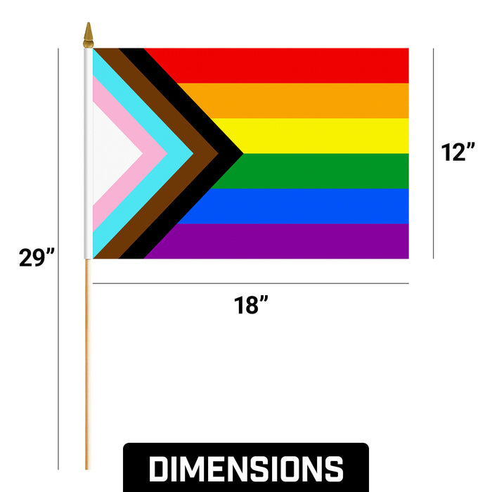 G128 12 Pack Handheld LGBT Progress Rainbow Pride Stick Flags | 12x18 In | Printed 150D Polyester, Country Flag, Solid Wooden Stick, Spear Gold Tip