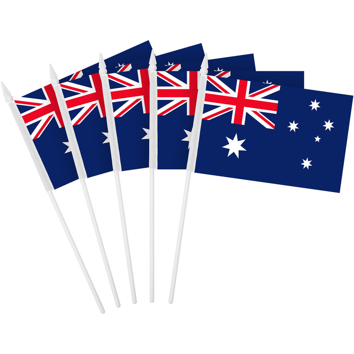 G128 30 Pack Handheld Australia Australian Stick Flags | 4x6 In | Printed 150D Polyester, Country Flag, Solid Plastic Stick, Spear White Tip