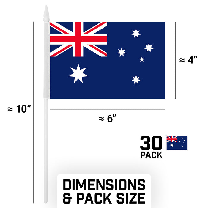G128 30 Pack Handheld Australia Australian Stick Flags | 4x6 In | Printed 150D Polyester, Country Flag, Solid Plastic Stick, Spear White Tip