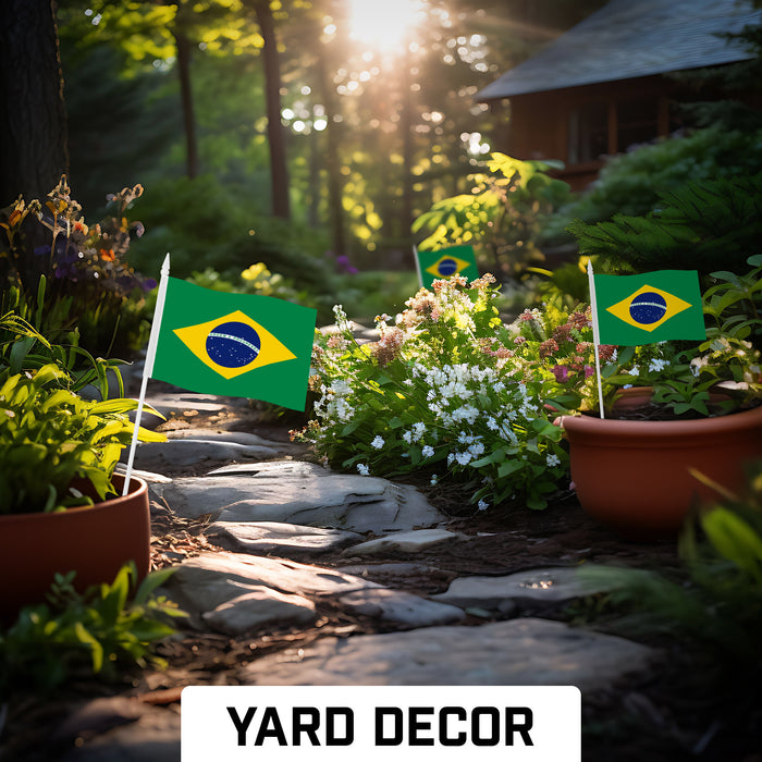 G128 24 Pack Handheld Brazil Brazilian Stick Flags | 4x6 In | Printed 150D Polyester, Country Flag, Solid Plastic Stick, Spear White Tip