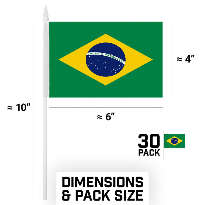 G128 30 Pack Handheld Brazil Brazilian Stick Flags | 4x6 In | Printed 150D Polyester, Country Flag, Solid Plastic Stick, Spear White Tip